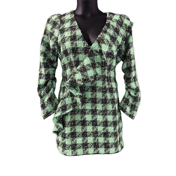 Atoir Women's Leave Me Be Plaid Ruffle Tweed Mini Dress Aspen Green Size 8 🛑